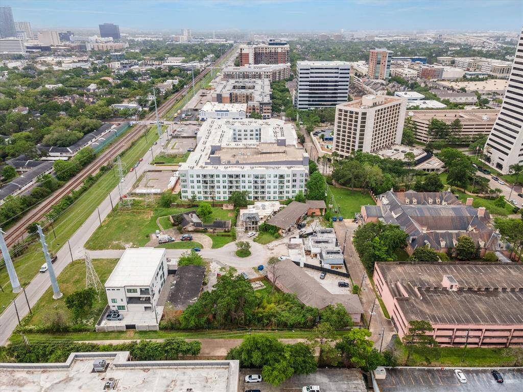 Aerial of nearby buildings