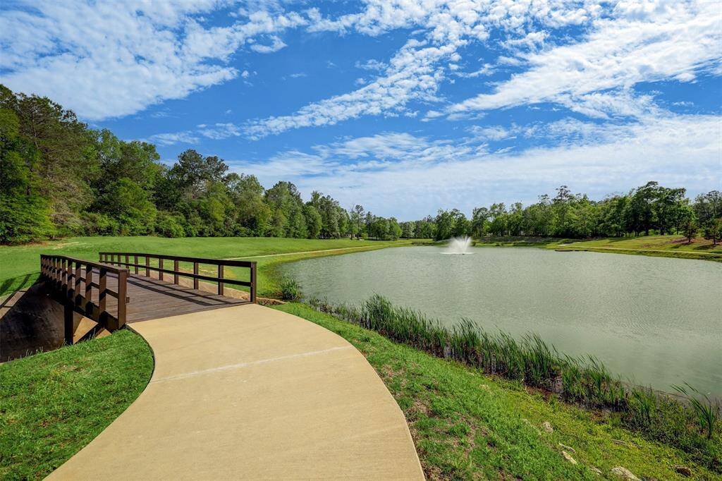 This photo showcases a serene setting with a winding path and wooden bridge overlooking a tranquil pond with a fountain, surrounded by lush greenery and trees. Ideal for nature lovers seeking peaceful outdoor spaces.