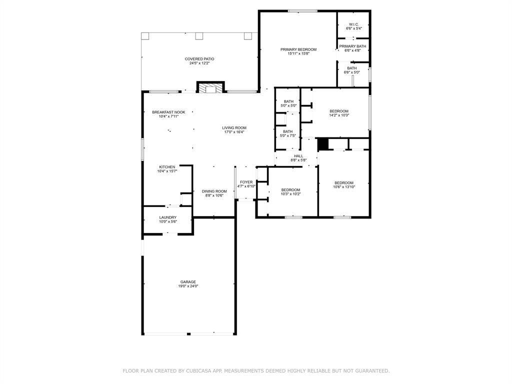 This home features a spacious layout with three bedrooms, including a primary suite with a walk-in closet and private bath. The open living area connects to a dining room, kitchen with a breakfast nook, and a covered patio. Additional amenities include a laundry room and a two-car garage.