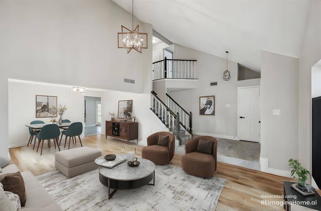 Virtually staged view of the formal living and dining area.