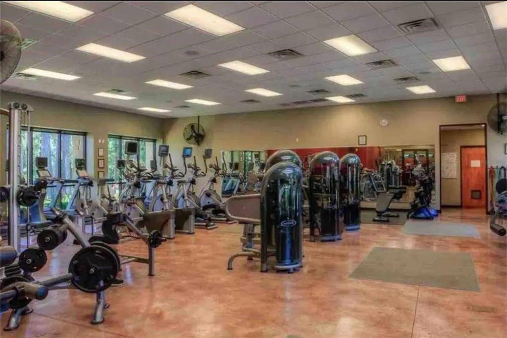 Modern fitness center featuring a wide array of equipment, including cardio machines, weight stations, and free weights. Bright, clean, and surrounded by windows that bring in natural light and views of the surrounding trees.