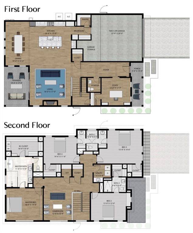 Off of the entry, the private study is accessed by a sliding barn door, and features large windows with shutters and views over the front lawn, hardwood flooring, a shiplap accent wall, recessed lighting and a modern, brass chandelier. The door to the right opens to a spacious closet, with additional under-stair storage - perfect for luggage and other large items.