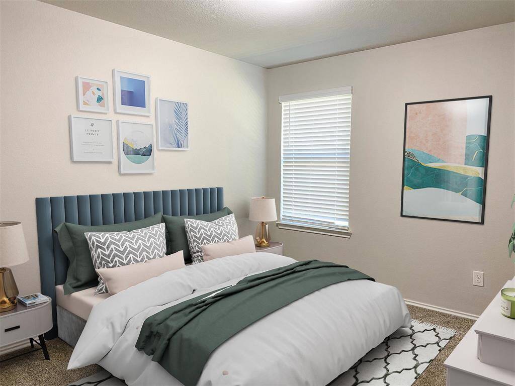 This cozy secondary bedroom features a split floorplan design. Virtual staging provides a visual of how you can make this room work for you.