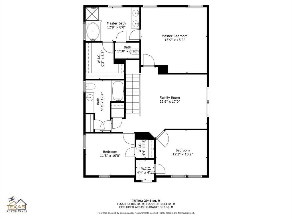This photo shows a two-story floor plan. The first floor features a spacious living room, kitchen, pantry, and half bath, along with a laundry area and a garage. The second floor includes a family room, master suite with a bath and walk-in closet, two additional bedrooms, and another full bath.