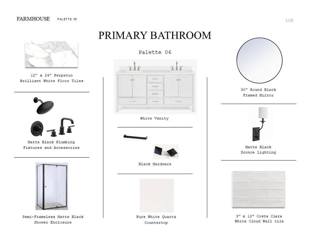 Farmhouse Look Palette 6: Primary Bathroom Selection Sheet (*Artist rendering used for illustration purposes only.)