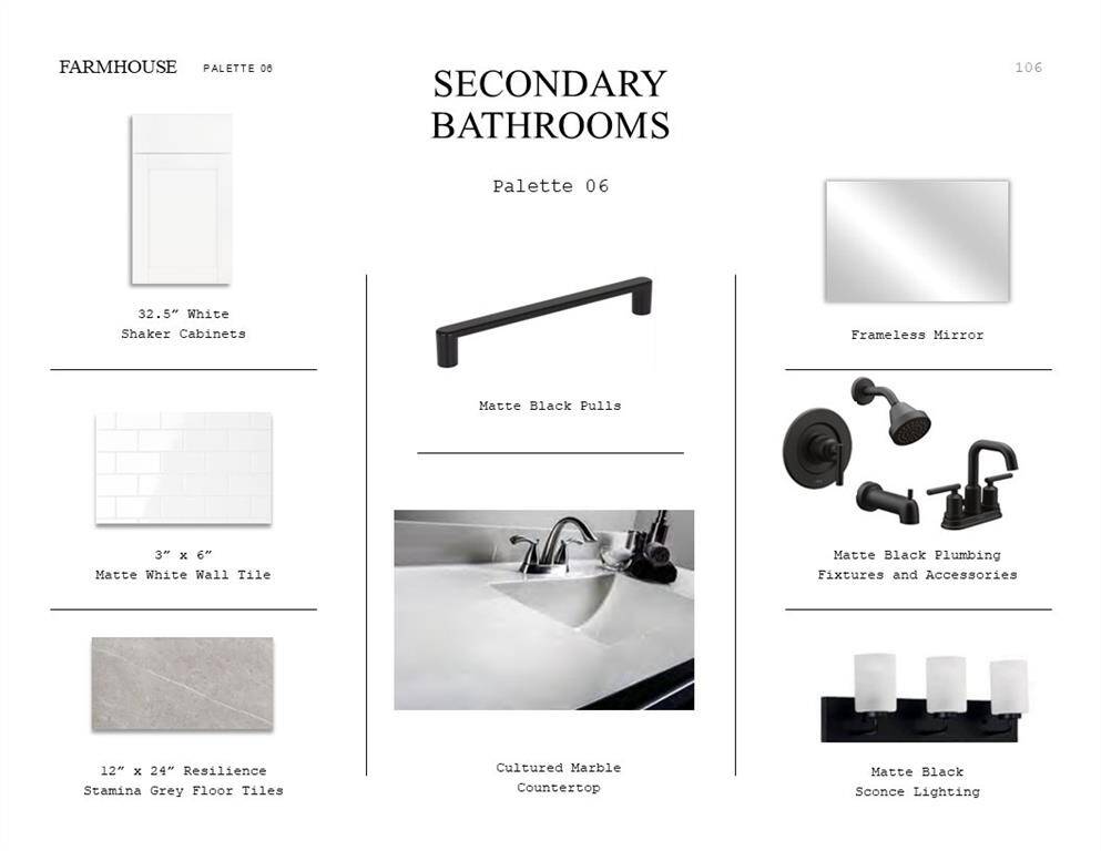Farmhouse Look Palette 6: Secondary Bathrooms Selection Sheet (*Artist rendering used for illustration purposes only.)
