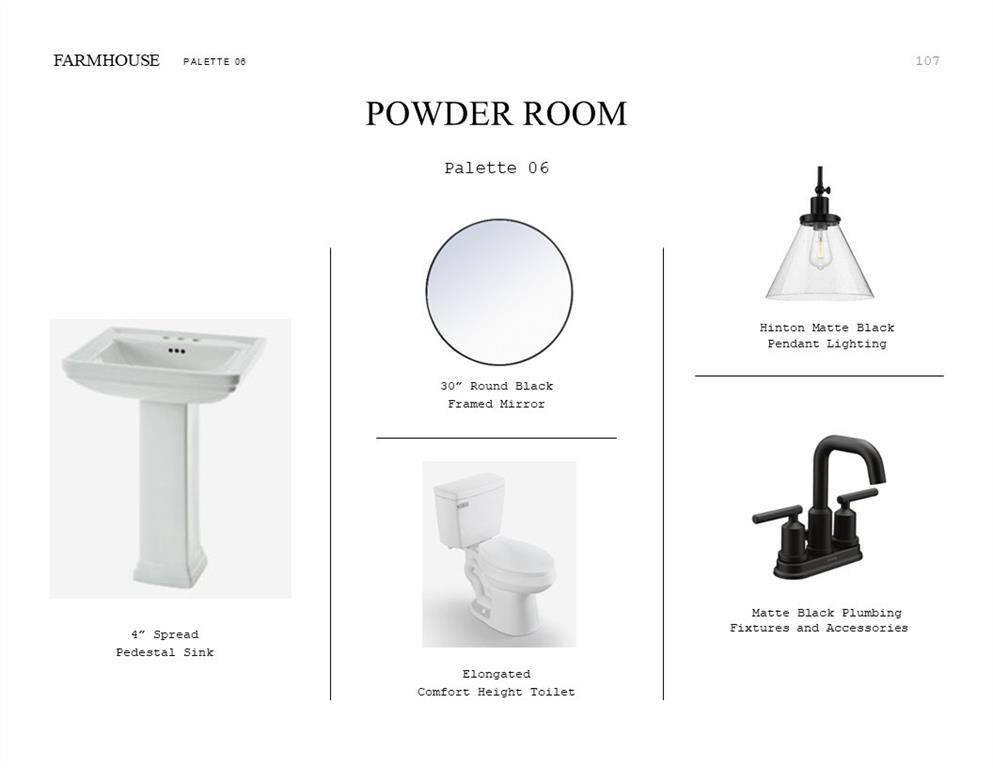 Farmhouse Look Palette 6: Powder Room Bathroom Selection Sheet (*Artist rendering used for illustration purposes only.)
