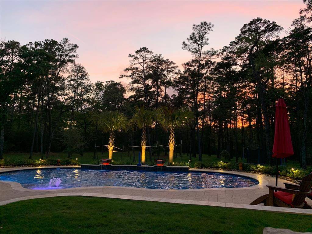 Sunset view of the pool and backyard showcasing the lighting.