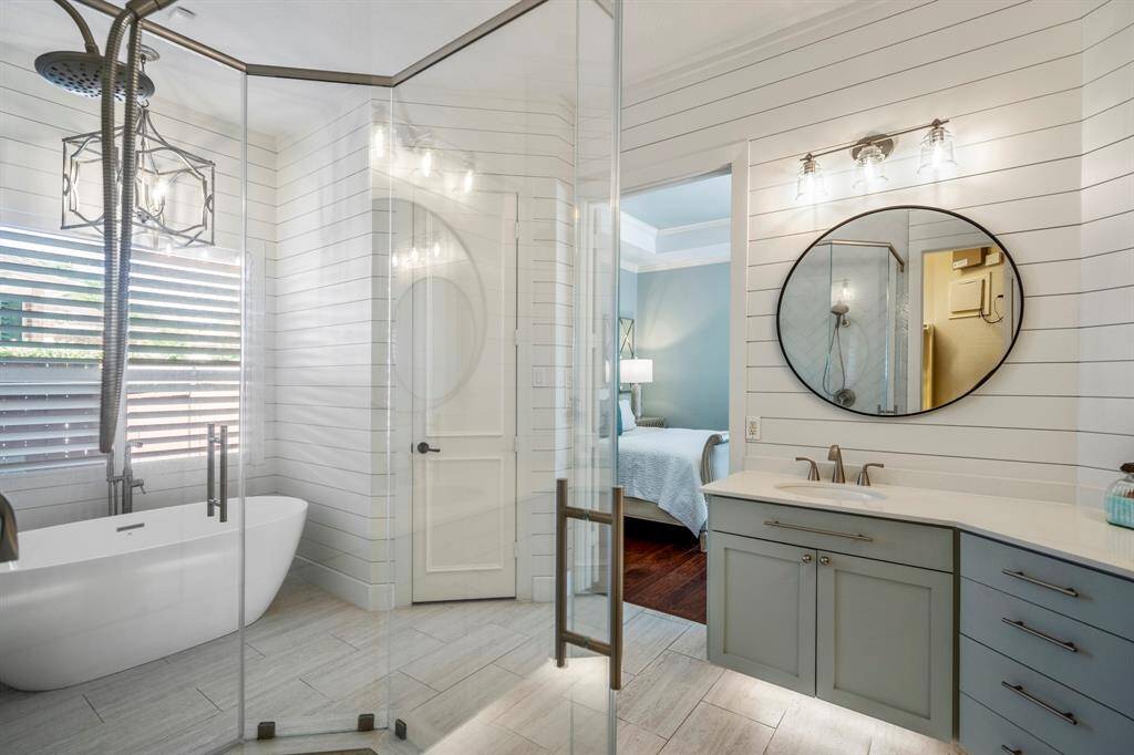 Luxuriate in the primary bathroom's elegant soaking tub.