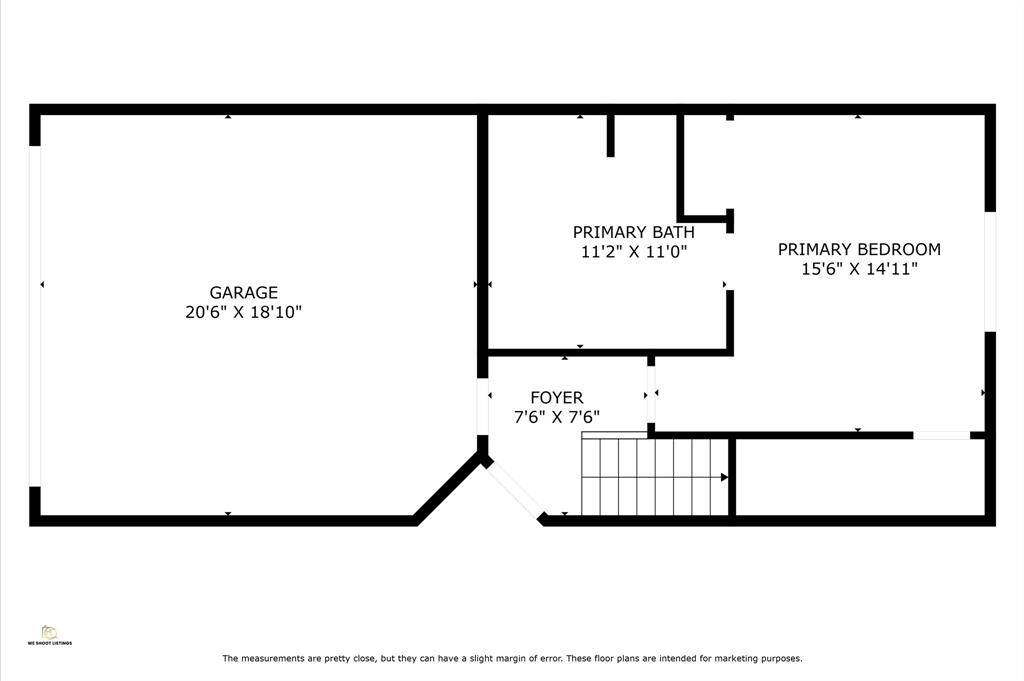 This floor plan includes a spacious primary bedroom (15'6" x 14'11") with an adjacent primary bath (11'2" x 11'0"). The entry features a foyer (7'6" x 7'6"). There's also a large garage (20'6" x 18'10"). The layout is straightforward and functional, with essential living spaces connected efficiently.