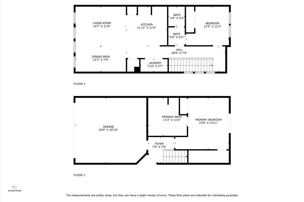 This two-story floor plan features:**Floor 1:**- A spacious garage (20'6" x 18'10").- A foyer (7'6" x 7'6").- A primary bedroom (15'6" x 14'11") with an adjoining primary bath (11'2" x 11'0").**Floor 2:**- A living room (14'7" x 11'6").- A dining area (14'7" x 7'4").- A kitchen (11'11" x 11'6").- A bedroom (12'5" x 11'2").- one bathrooms.- A laundry room (7'1" x 3'7").- A connecting hallway (28'9" x 7'4").This layout offers functional living spaces with convenient amenities.