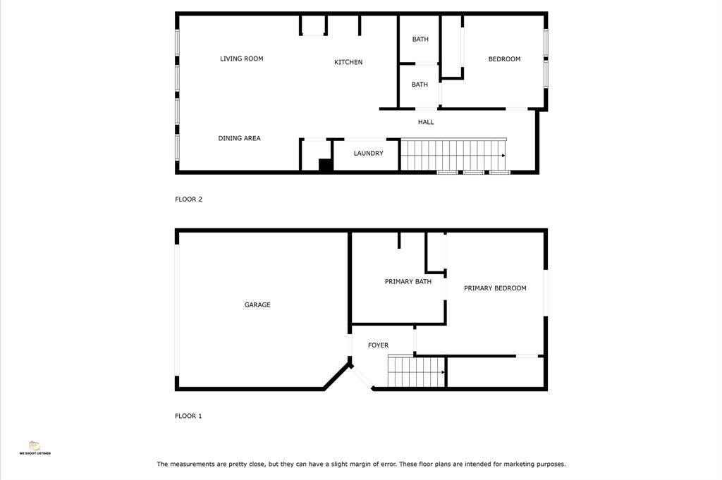 This two-story home features a primary bedroom with an en-suite bath on the first floor, along with a foyer and a large garage. The second floor includes a living room, dining area, kitchen, a bedroom, one baths, and a laundry room. The layout offers open living spaces and convenient amenities.