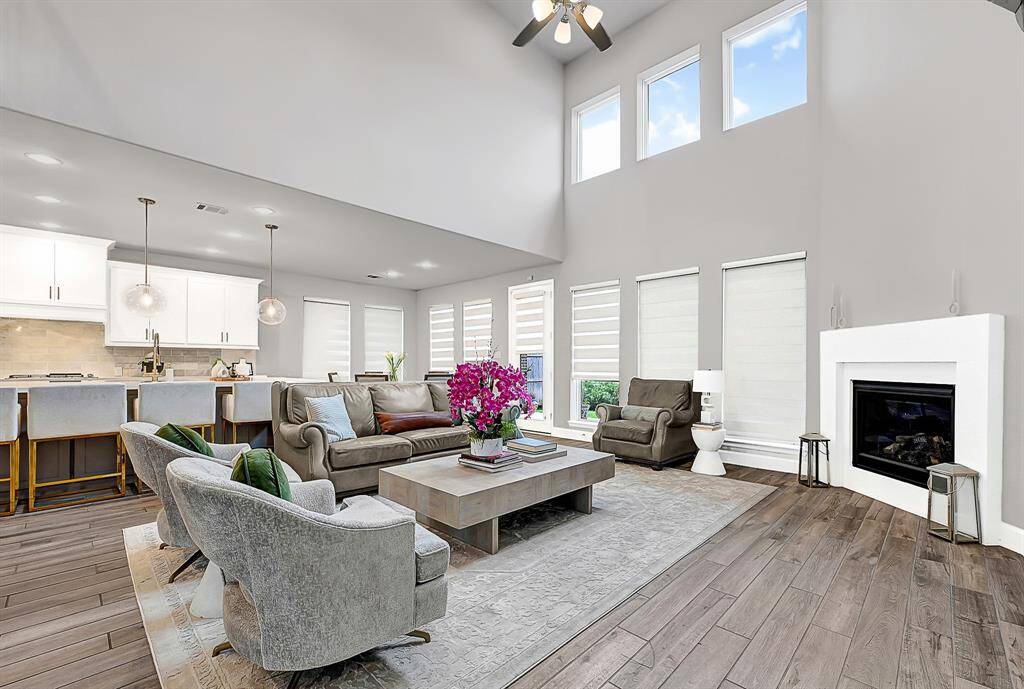 Large living room with cozy gas fireplace