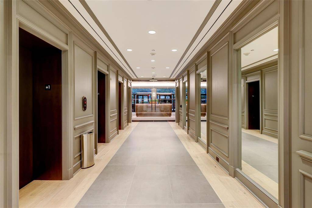Elevator lobby looking toward the concierge desk.