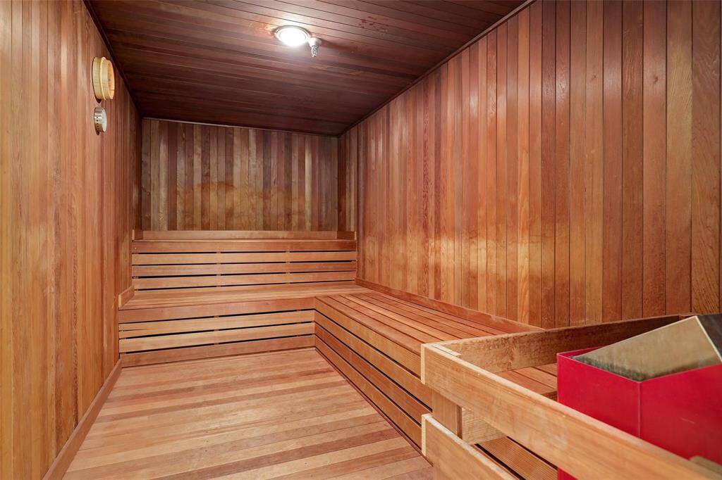 Dry sauna at fitness center.