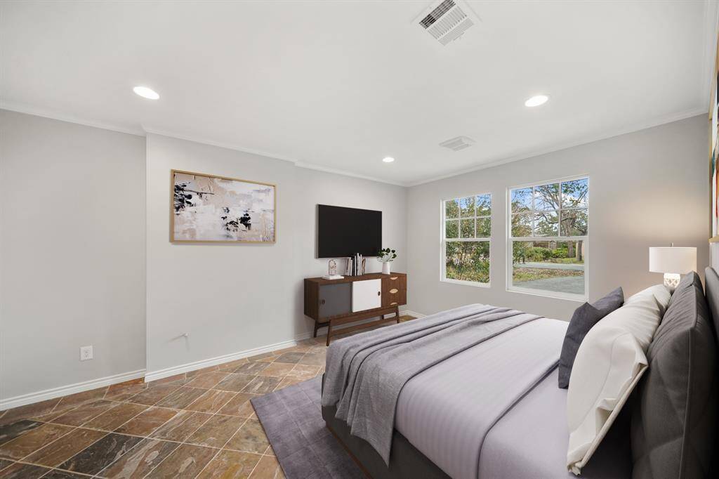 Virtually Staged: Secondary bedroom, featuring neutral paint, wood floors, recessed lighting, and large windows.