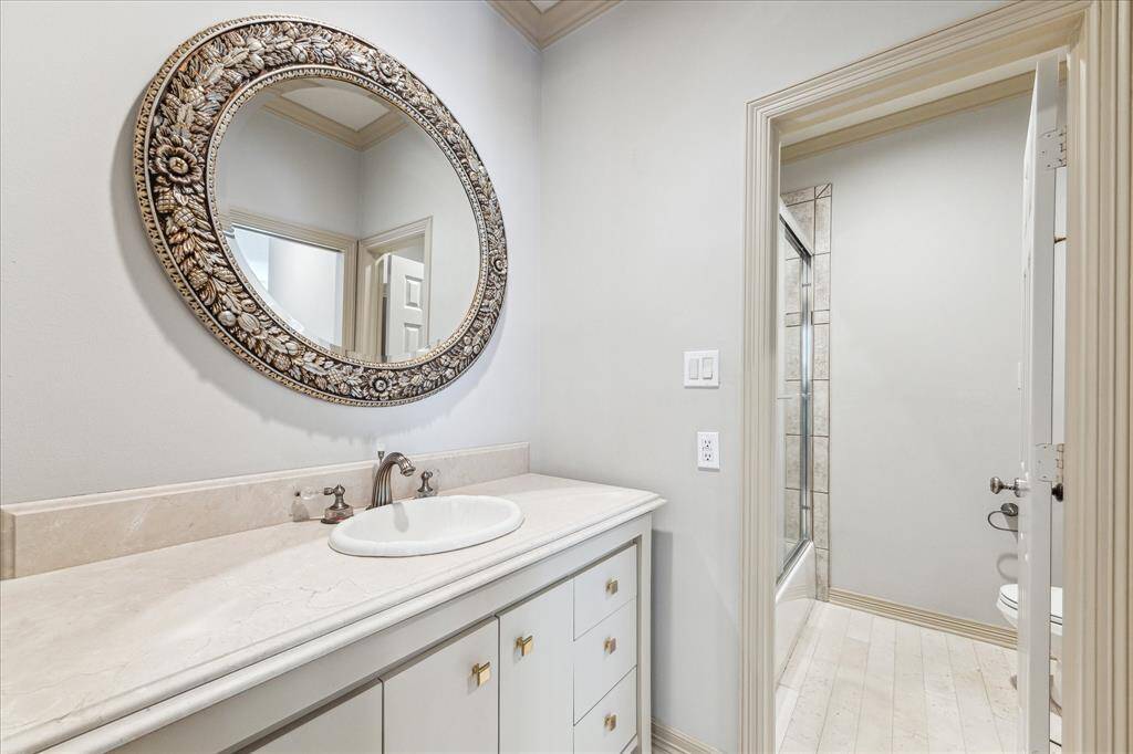 This secondary bathroom can be accessible by a bedroom with pocket door or from the hallway providing access from the study/bedroom.