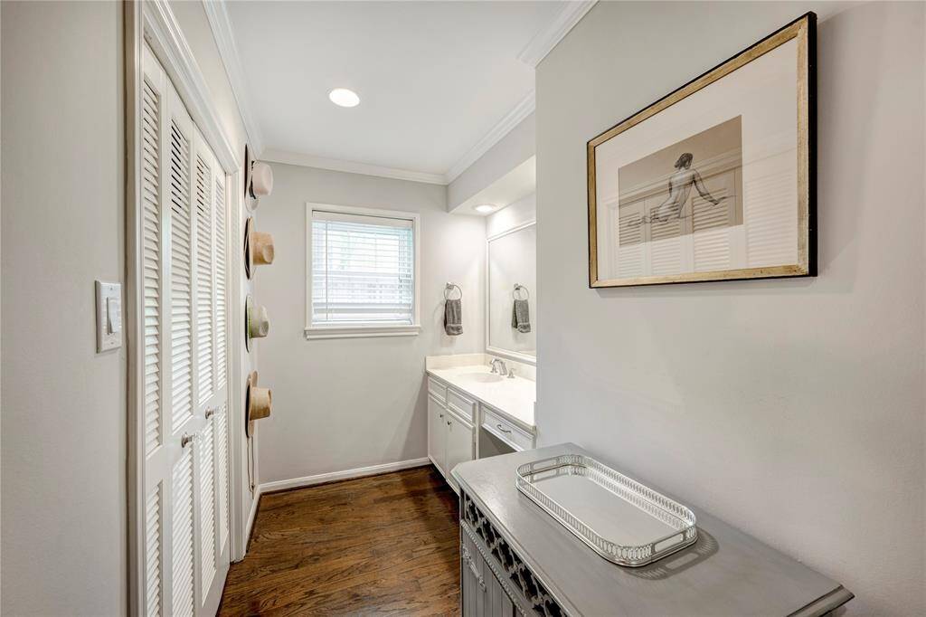 Primary bathroom sink/vanity area has hardwood floors and storage.