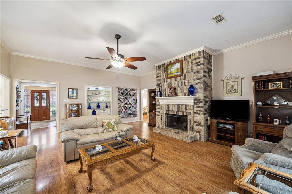 The living room also features a built in hutch.