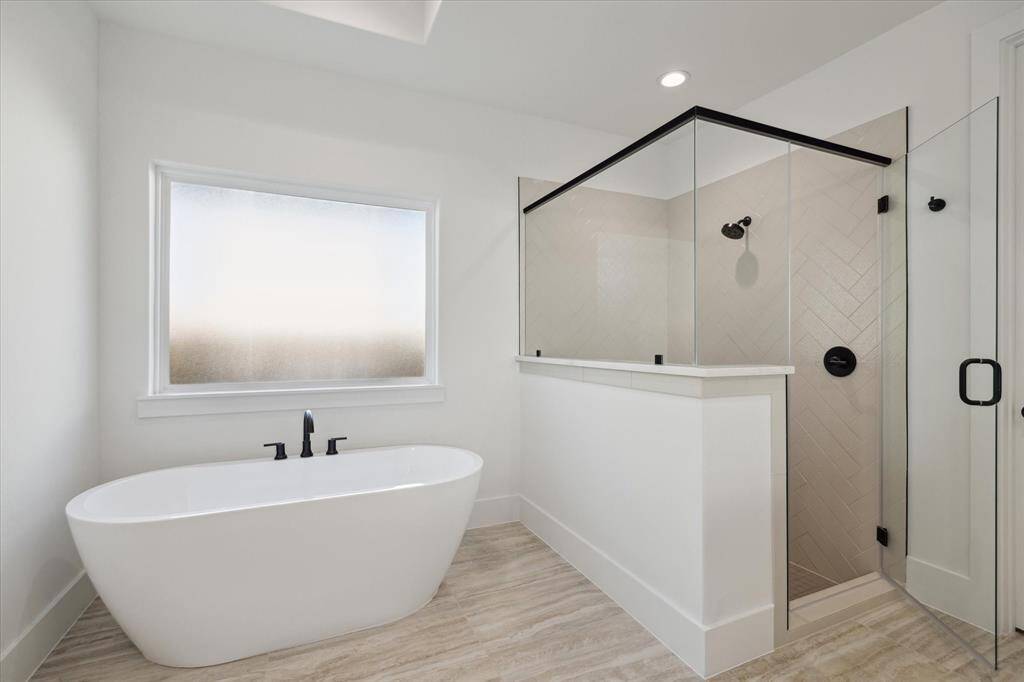 Free-standing bathtub and walk-in shower