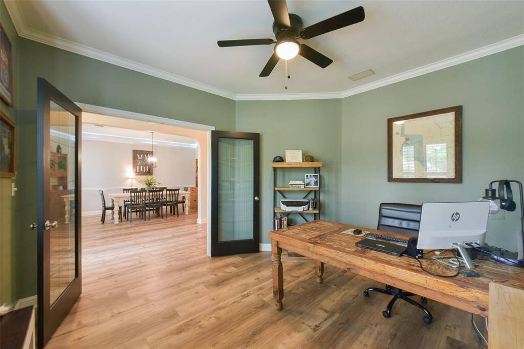 Glass French doors can be closed for privacy