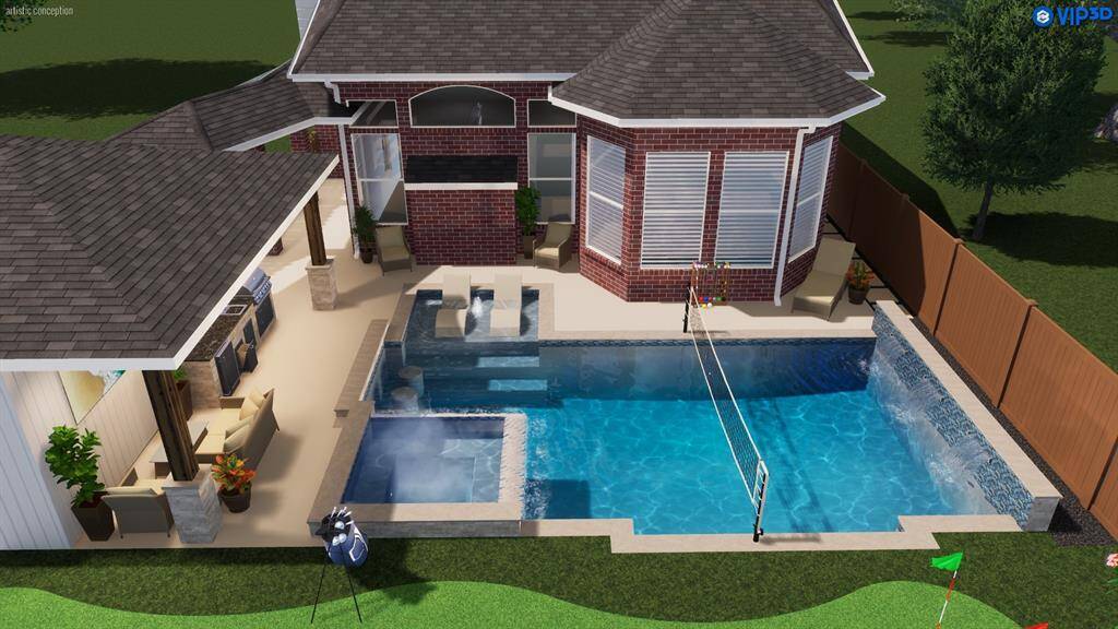 This is a rendering for a pool and backyard oasis.