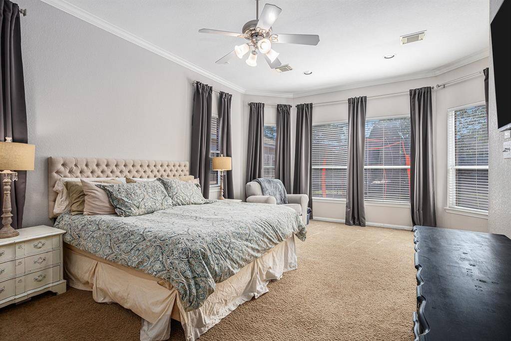 Primary bedroom with large windows and natural light
