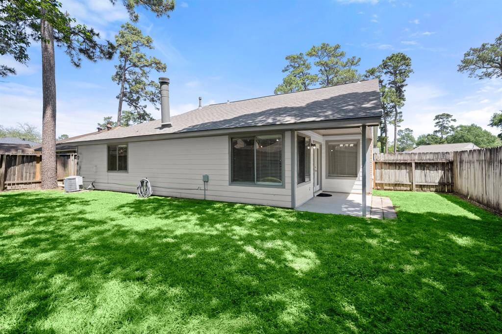 peaceful backyard, mowed lawn,