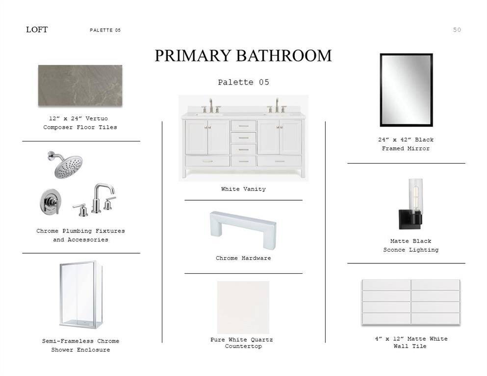 Loft Look Palette 5: Primary Bathroom Selection Sheet (*Artist rendering used for illustration purposes only.)