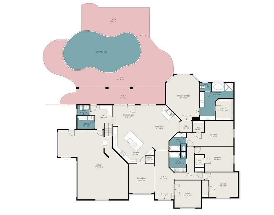 Floorplan view of the entire first floor and outdoor patio.