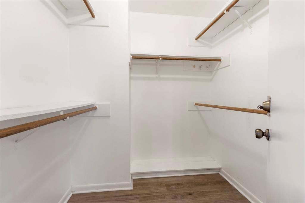Primary closet located across from bathroom sink.