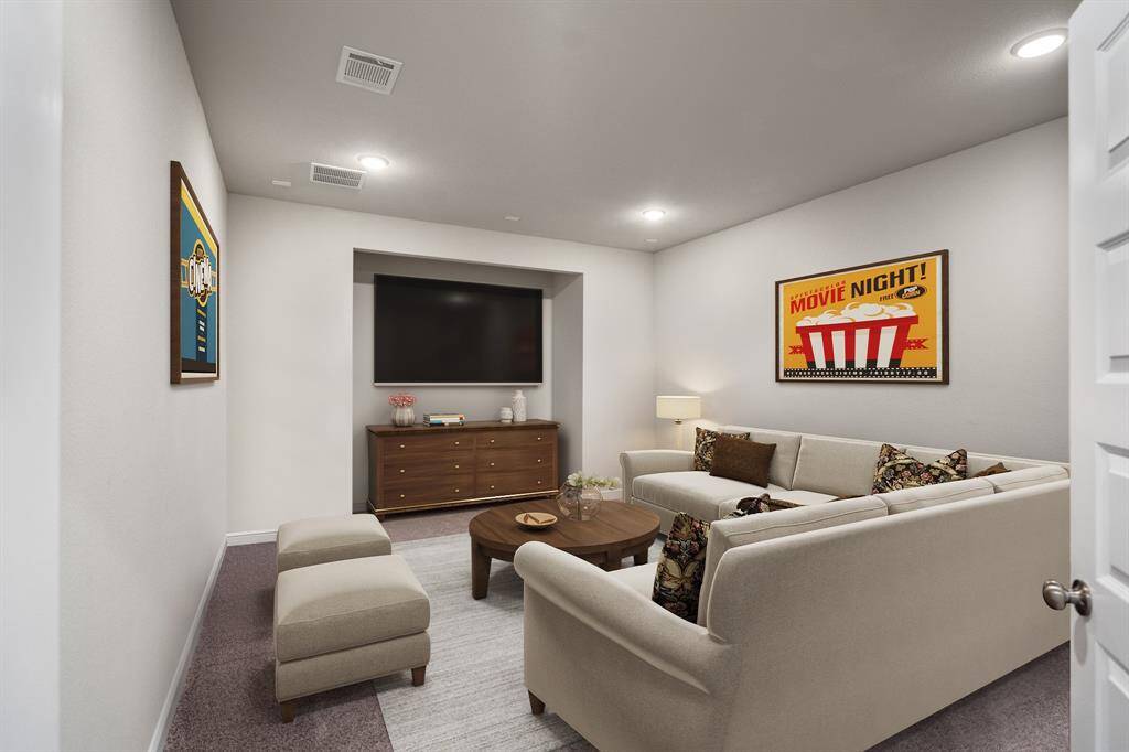 Grab the popcorn, put on a movie, and enjoy a wonderful evening in your amazing media room! Featuring plush carpet, tv niche, and recessed lighting which makes this the perfect room for relaxing!  *This room has been virtually staged