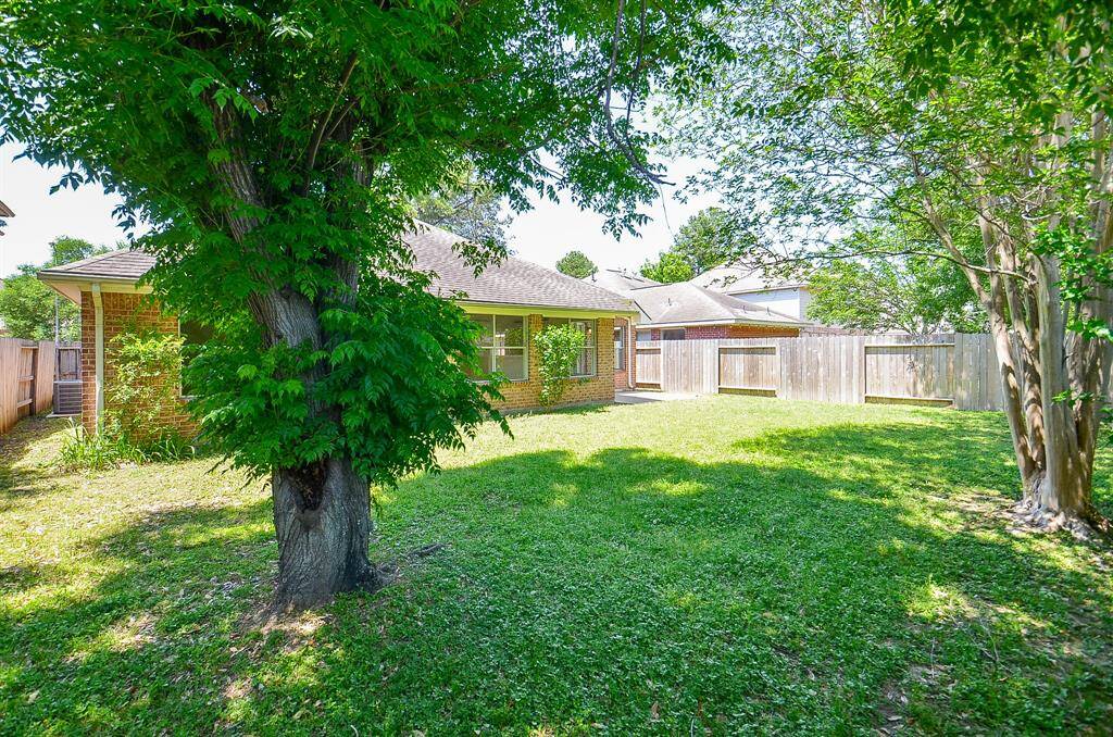 Spacious backyard with mature trees, a well-maintained lawn, and a privacy fence, perfect for outdoor activities and relaxation.