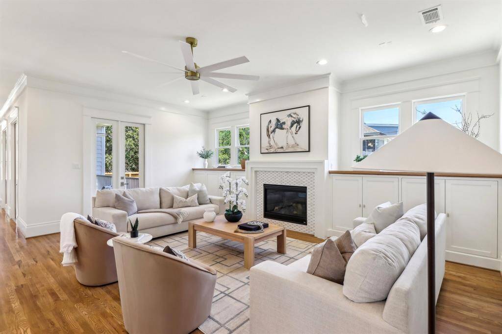 The family room is sunny and light, yet rich in texture and visual interest.