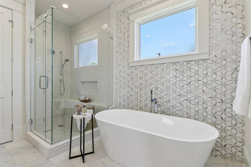 The stand alone but is highlighted by the tiled wall, functional and stunning to look at.
