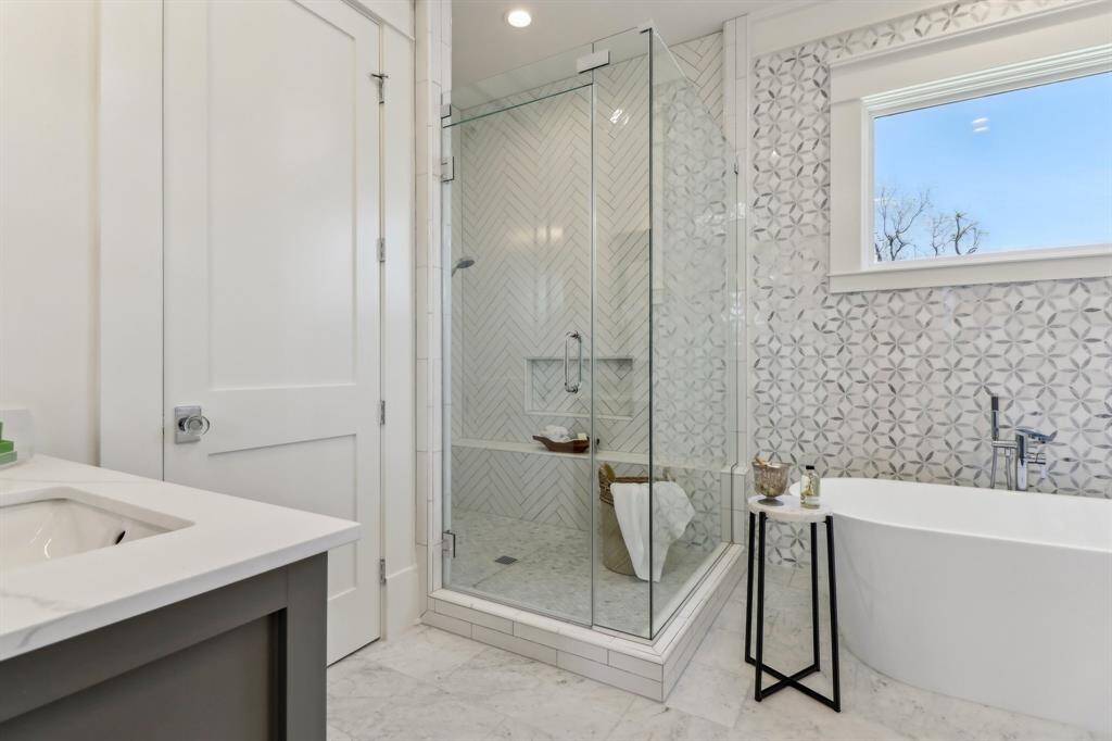 The closet is to the left of the walk - in shower.