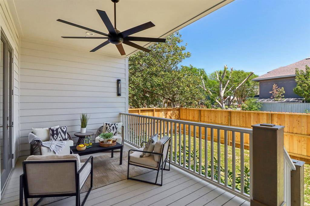 The exterior porch and yard space.
