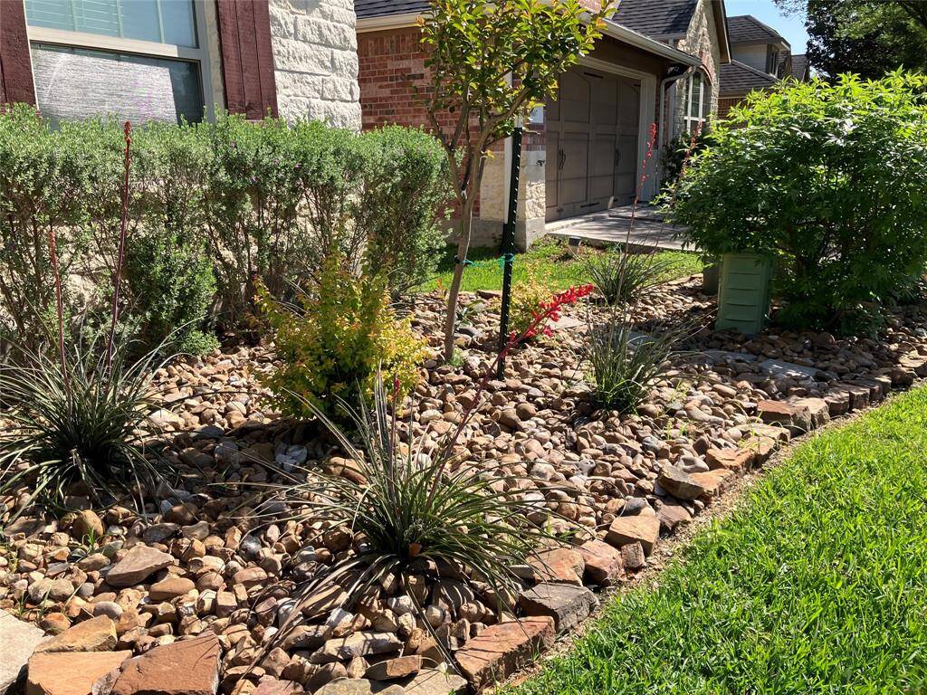 Easy care Texas drought-resistant plants in bullrock bed. Front lawn is mowed by HOA.