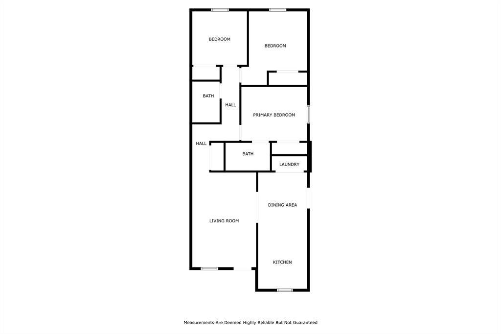 This is a three-bedroom home with a primary suite, two additional bedrooms, and two full baths. It features a central living room, a dining area adjacent to the kitchen, and a convenient laundry space. The layout is functional with a common hall connecting the living spaces to the bedrooms.