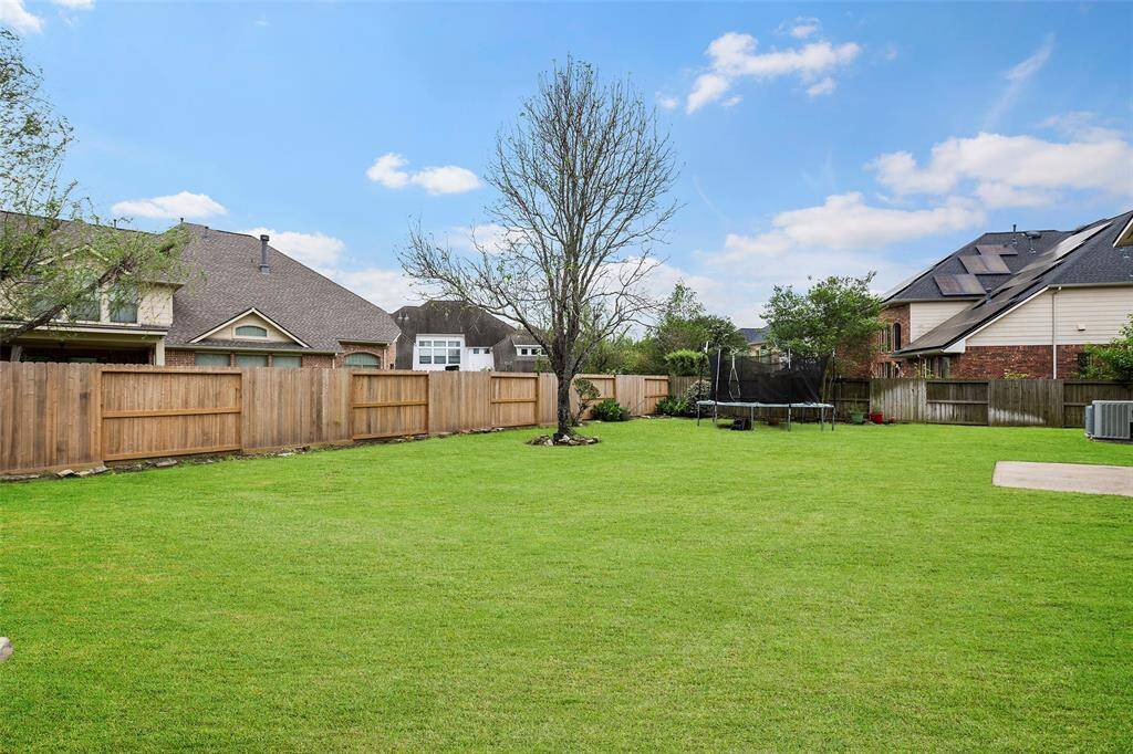 Spacious backyard with well-maintained lawn, surrounded by a wooden fence. Features a central tree and a trampoline, ideal for outdoor activities and family fun.
