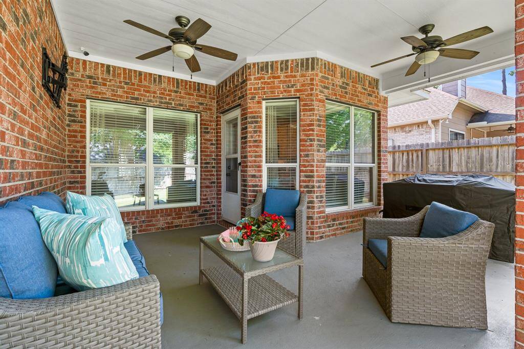 Awesome covered back patio with ceiling fans and TV mount ready to go!