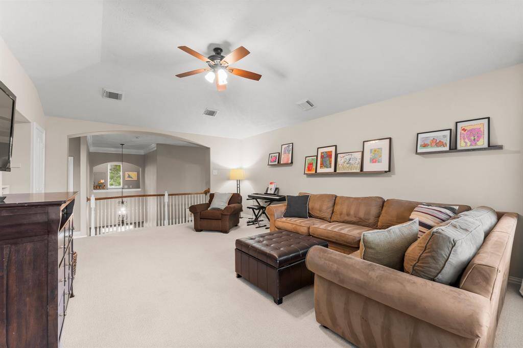The possibilities for this room are endless! Use it as a game room, playroom, party room, or even a second office. Features include plush carpeting, a spacious storage closet for games, two recessed areas for gaming tables or electronics, a tray ceiling, arched entries, three large windows with 2” blinds, and a lighted ceiling fan.