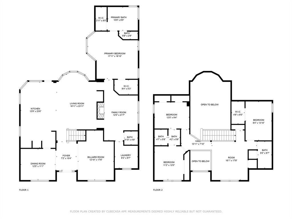 This floor plan features two levels. The first floor includes a spacious living room, dining room, kitchen, family room, billiard room, laundry, and foyer. The second floor offers a primary bedroom with en-suite bath and walk-in closets, additional bedrooms, and a large open area. Perfect for a family seeking ample space and functionality.