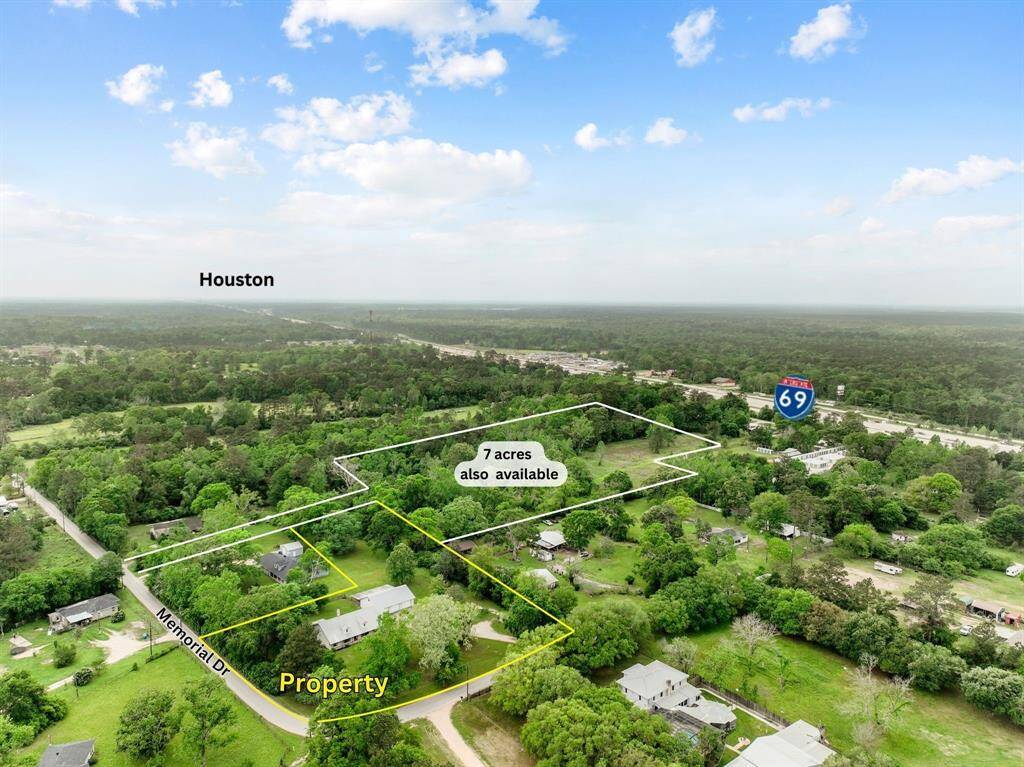 This aerial view shows the full 2-acre homestead (outlined in yellow) with an additional 7 acres available for purchase (outlined in white). Ideally located just off Memorial Drive in Splendora, with quick access to I-69 and direct routes south through New Caney, Porter, Kingwood, and Humble toward Houston. A rare opportunity to secure up to 9 total acres with flexible residential or future development potential.
