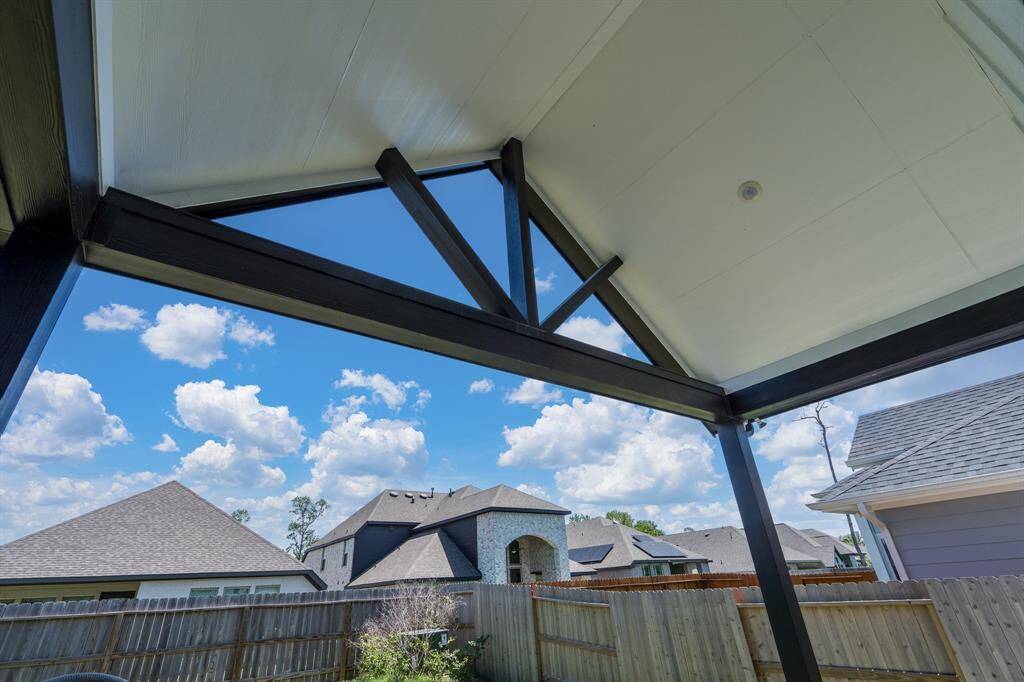 This is a view of the finished patio ceiling showing off the height and built in lighting.