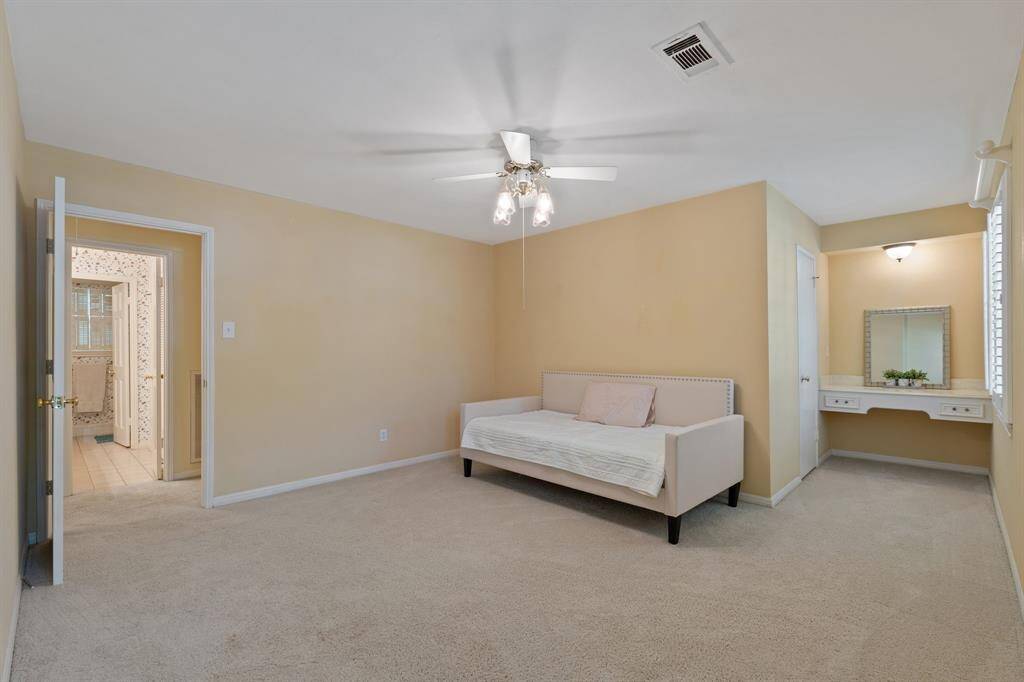 It holds vanity area, walk-in closet and overlooks the front yard.