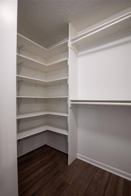 Large walk-in closet with wood flooring