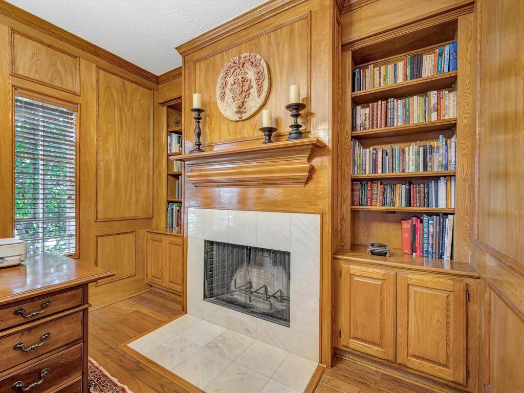 Study fireplace has gas connections or can be wood burning