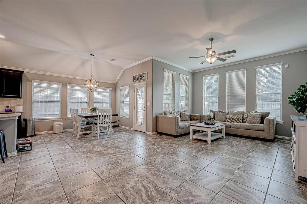 Overview of living room and dining area
