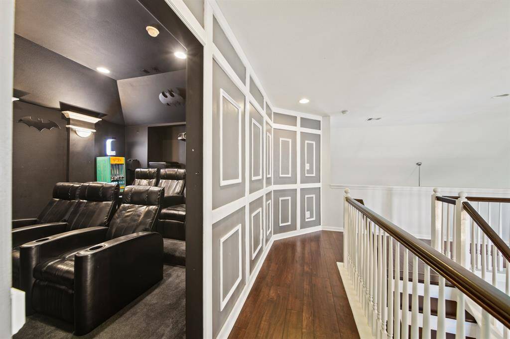 Tucked just off the game room behind a hidden door, this dedicated media room offers the perfect space to unwind with your favorite films in a true theater-style setting.